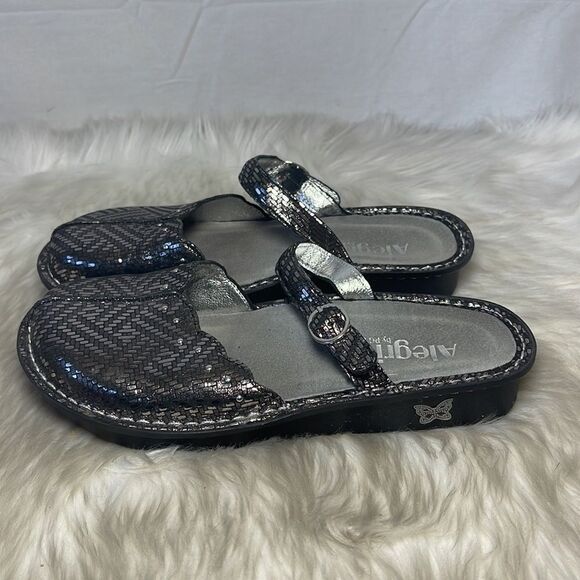 Alegria Tuscany Pewter Dazzle Leather Strapped Slides Sz 38/US 8-8.5 - Picture 4 of 7